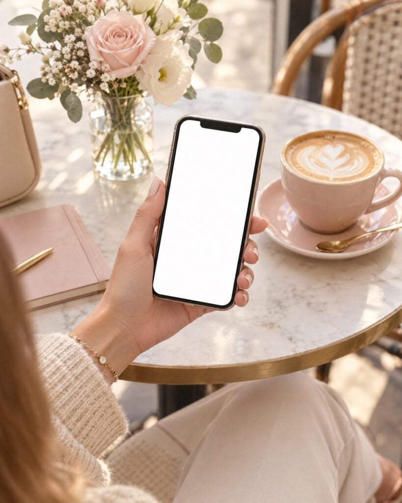 Booking an appointment on a phone at a café