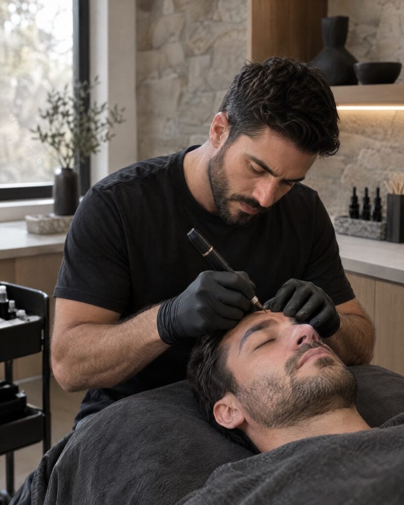 An artist working on a client’s brows